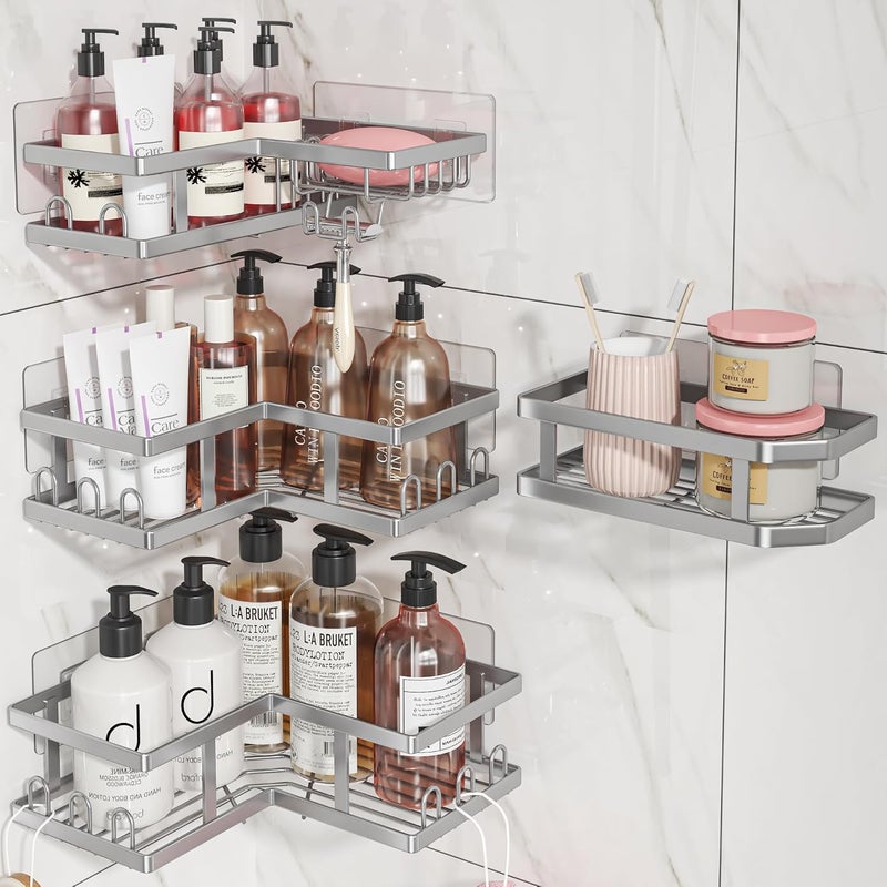 Youvip 4-Pack Adhesive Corner Shower Caddy with Soap Holder, No Drilling Wall Mounted Shower Shelves-Rustproof, Organizer for Bathroom, Kitchen & Home Decor. Silver - Image 1